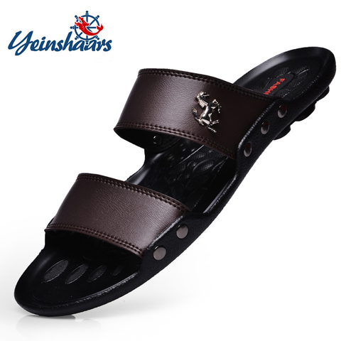 YEINSHAARS-Sandalias de verano para hombres, chanclas playeras casuales de famosa marca, elaboradas en cuero ► Foto 1/6