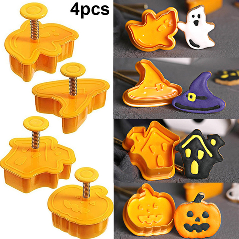 Molde de galletas para Halloween, cortador de galletas de émbolo, molde de Fondant con temática 3D de calabaza fantasma, decoración para pasteles, 4 Uds. ► Foto 1/6