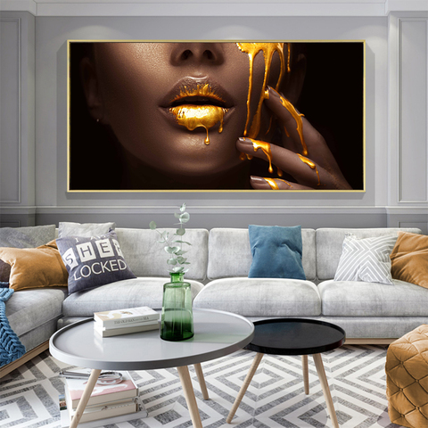 Póster grande de Retrato moderno de labios SizwGolden para mujer, cuadro sobre lienzo para pared, imágenes para sala de estar, decoración del hogar sin marco ► Foto 1/6