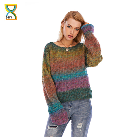 CGYY de rayas con los colores del Arcoíris suelto casual de manga larga o-Cuello Jersey transpirable suéter de mujer de punto Jerséis para la primavera ► Foto 1/6