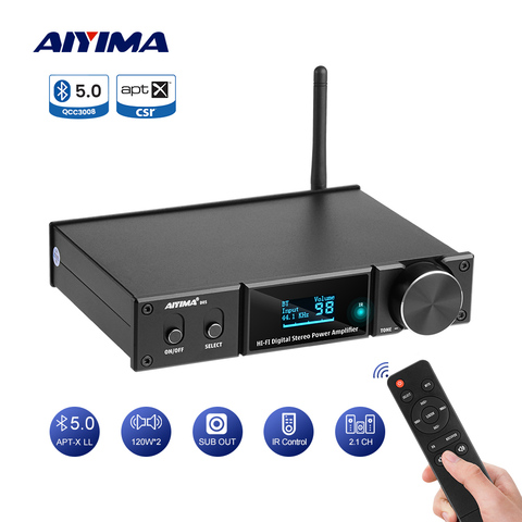 AIYIMA-Amplificador de potencia para cine en casa, dispositivo de amplificación de sonido Digital con Bluetooth 5,0, Subwoofer, USB, DAC, OLED, APTX 2,1, 120Wx2 ► Foto 1/6