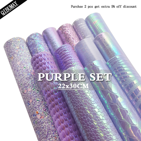 QIBU-Tela de cuero de imitación púrpura de 22x30cm, tejido de vinilo grueso con purpurina, suave, algodón, piel sintética, tamaño A4, bolsos con lazo ► Foto 1/6