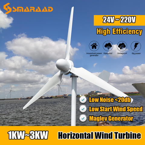 Molino de viento de energía libre, turbina aerogeneradora Horizontal de 1kW, 2kW y 3kW, 24-220v, bajo Rpm, alta eficiencia, uso doméstico, barco de granja ► Foto 1/1