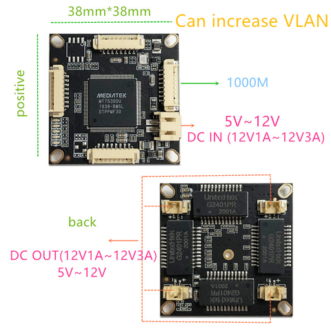 Interruptor de Ethernet gigabit de 4 puertos, 10/100/1000M, pcba para módulo integrado, CC de 5V, 12V, 1a-3a, salida de CC, VLAN a través de corriente ► Foto 1/6