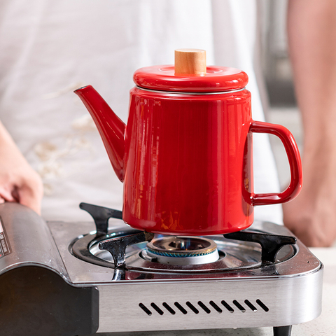 Tetera de café esmaltada para el hogar, tetera de agua de mano y té de alta calidad, de 1,5 l jarra de café, color rojo y blanco ► Foto 1/6