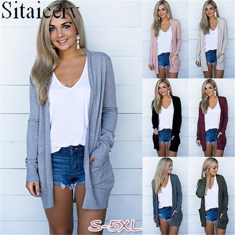 Cárdigans de punto para mujer, chaqueta negra informal de talla grande, abrigo de manga larga con bolsillos, prendas de vestir exteriores, color liso, cuello en V, 2022 ► Foto 1/6