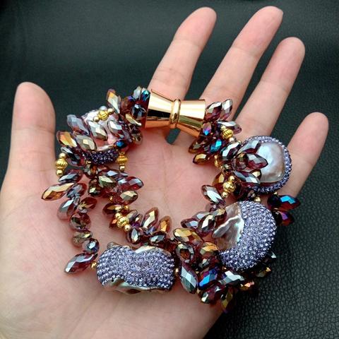 Pulsera de cristal facetado de lágrima Keshi, Perla de agua dulce púrpura de 3 hebras de 8