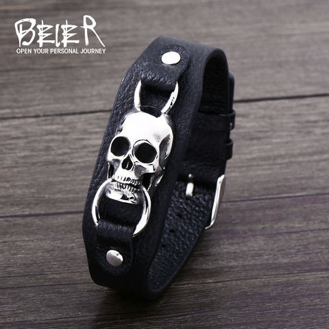 Beier-pulsera de cuero de alta calidad para hombre, brazalete de calavera Punk de acero inoxidable 316L, ajustable, para fiesta, LLBC-L052L de joyería ► Foto 1/6