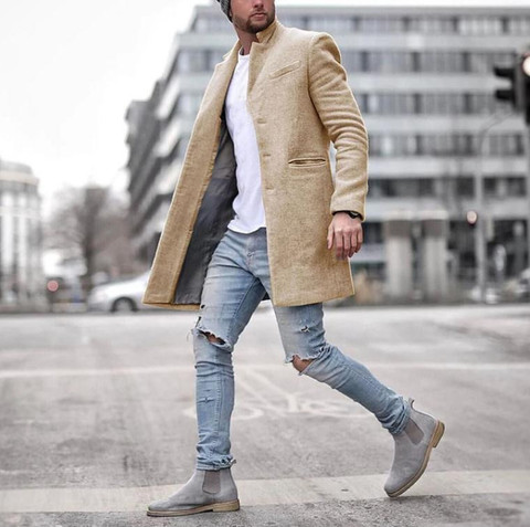 Chaquetas de invierno para hombre, abrigo de lana cálido, manga larga, Trenca larga, botón de prendas de vestir exteriores, abrigo, ropa de calle cálida, Parkas ► Foto 1/5