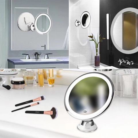 Espejo de maquillaje ligero Led, 10 aumentos, para escritorio, maquillaje, baño, con ventosa, luz de relleno plegable, WJ901 ► Foto 1/6