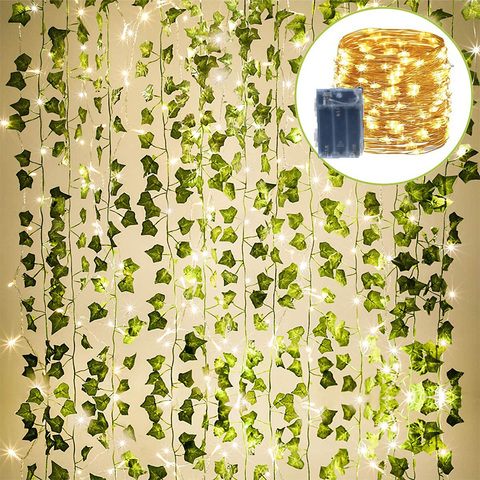 12 Pack 2m hiedra Artificial guirnalda Artificial plantas de vid colgante Garland con 10m de 100LED luz cuelga para Casa Jardín de boda decoración ► Foto 1/6