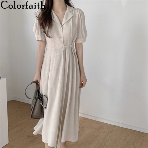 Colorfaith-Vestidos informales de algodón y lino para mujer, Vestido camisero largo drapeado con cordones, manga abombada, DR2109, 2022 ► Foto 1/6