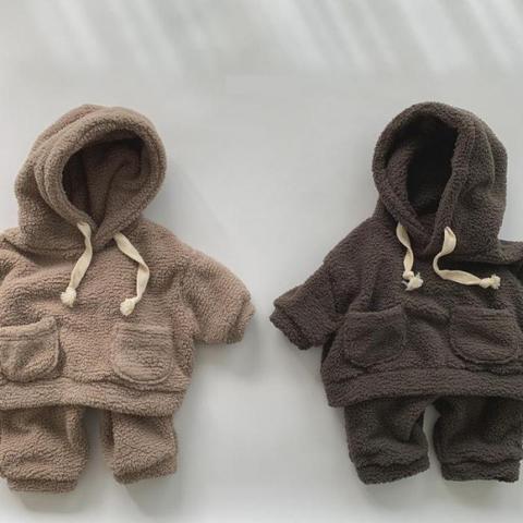 Sudaderas gruesas de lana de felpa para bebés, conjuntos de sudadera y pantalones con capucha para niños pequeños, traje de 2 uds. Para invierno, 2022 ► Foto 1/6