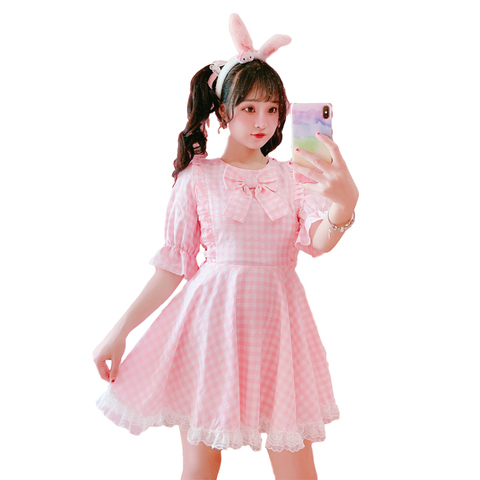 Lolita-vestido Kawaii de encaje de manga corta para mujer, vestidos rosas con volantes de princesa, Vintage, suave, verano, 2022 ► Foto 1/6