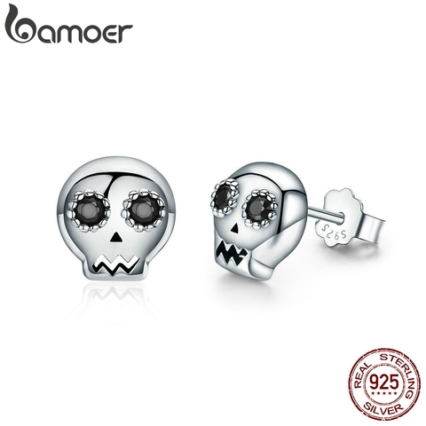 BAMOER-pendientes de tachuela de calavera para mujer, de Plata de Ley 925 auténtica para mujer, joyas de plata de ley CZ transparente negra, aretes SCE064 ► Foto 1/6