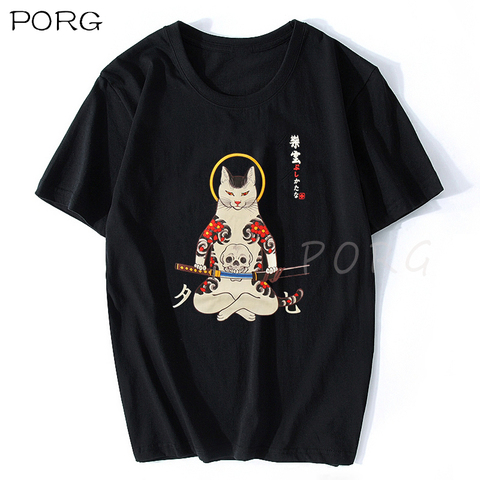 Ukiyo-ropa de calle de estilo japonés para hombre, camisetas divertidas de Anime de gato samurái, camisetas de manga corta, camisetas japonesas de Hip Hop de algodón, 2022 ► Foto 1/6