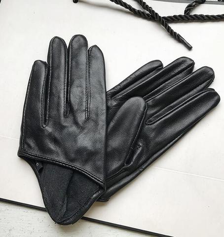 Guantes de piel de oveja de diseño corto para mujer de otoño e invierno, guantes finos de cuero genuino, guante negro de media palma, 8 colores R025 ► Foto 1/6