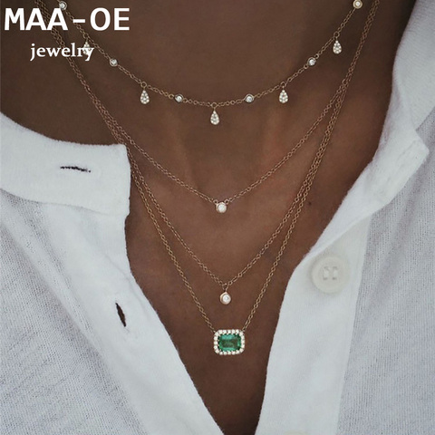 Collares de oro multicapa para mujer, colgante de gota de agua de piedra verde y cristal, joyería Bohemia Vintage, regalo ► Foto 1/6