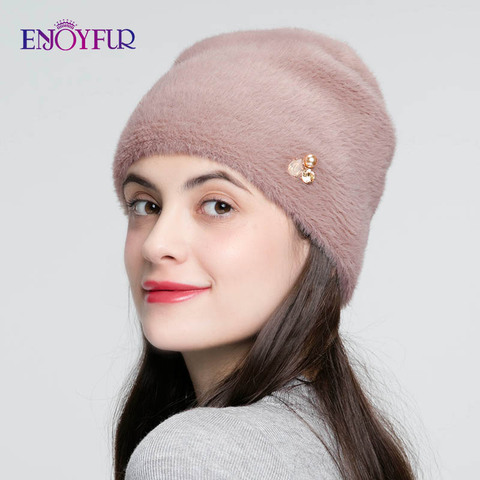 ENJOYFUR-gorros de invierno de lana de imitación para mujer, gorros gruesos de colores sólidos con diamantes de imitación de alta calidad ► Foto 1/6