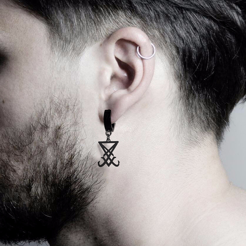 Pendientes sigilo de Lucifer símbolo satánico sello de Satán en acero inoxidable negro Lado de demonio de Lucifer satánico pendiente joyería ► Foto 1/6