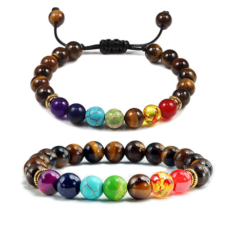 Las mujeres de los hombres 7 Chakra pulseras brazaletes de curación piedra de ojo de tigre Chakra oración Buda pulsera ajustable joyería regalos ► Foto 1/6