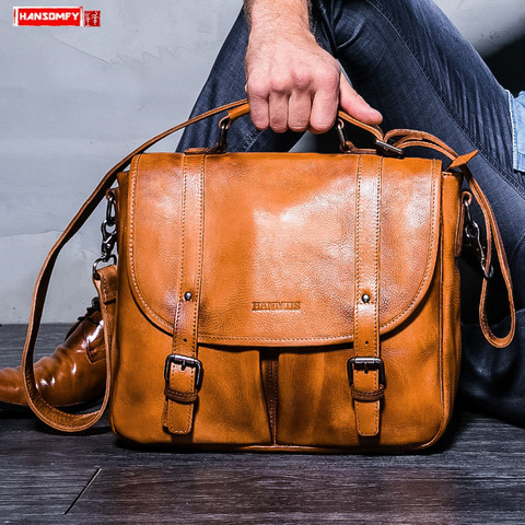 Bolso de mensajero Retro para hombre, bolsa para ordenador portátil, Retro, de cuero de vaca, negocios ► Foto 1/6