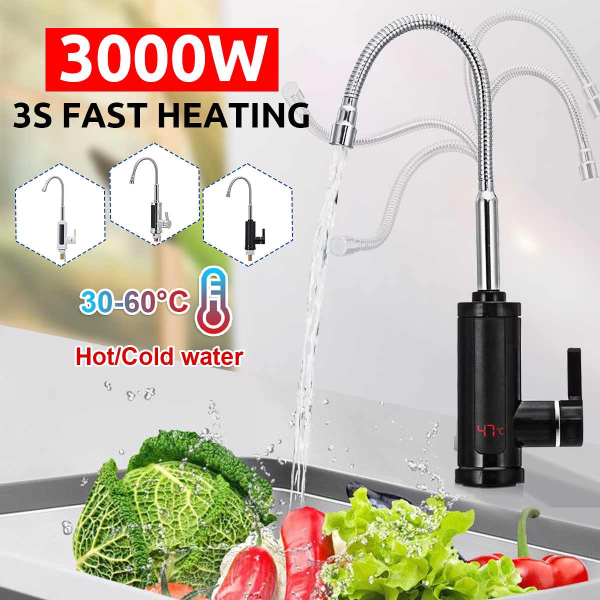 3000W 220V Cocina eléctrica grifo calentador de agua instantánea grifo de agua caliente calentador de frío calefacción grifo calentador de agua sin tanque con LED ► Foto 1/6