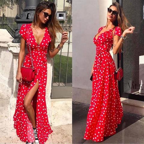 Vestido Maxi de verano para la playa para mujer vestido bohemio de chifón vestido de mujelar go con estampado Floral, vestido con volantes, vestido informal con escote en V y abertura, vestido sexi de fiesta para mujer ► Foto 1/6