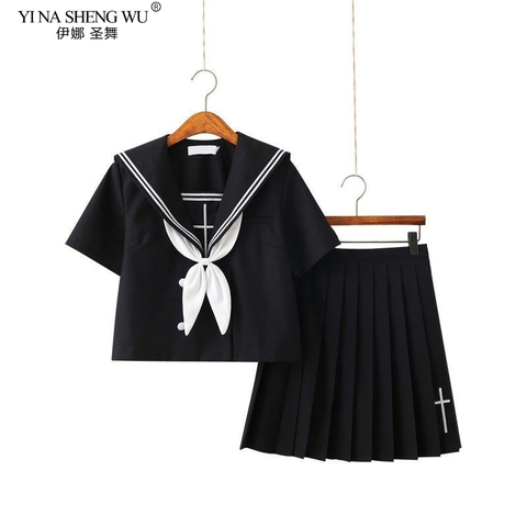 Uniforme escolar con bordado cruzado para chica, traje de Sailor, Cosplay negro de manga corta, uniformes japoneses de Anime ► Foto 1/6