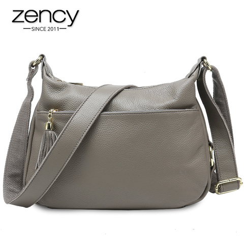 Zency-Bolso de hombro de piel auténtica para mujer, bandolera elegante con borlas de alta calidad, color negro y gris, 100% ► Foto 1/6