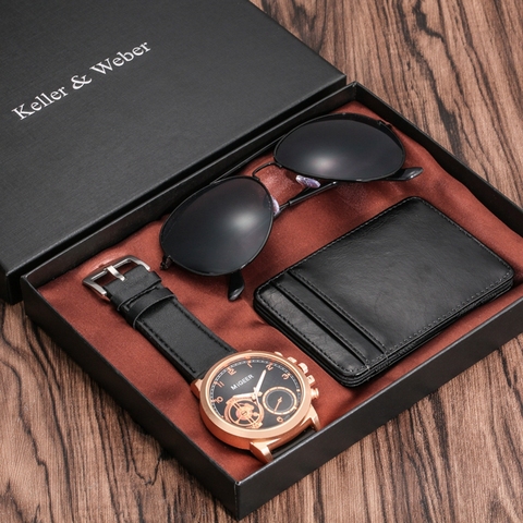 Reloj de lujo de oro rosa para hombre, tarjetero de cuero para tarjetas de crédito, conjuntos de gafas de sol a la moda para hombre, regalo único para novio y novio ► Foto 1/6