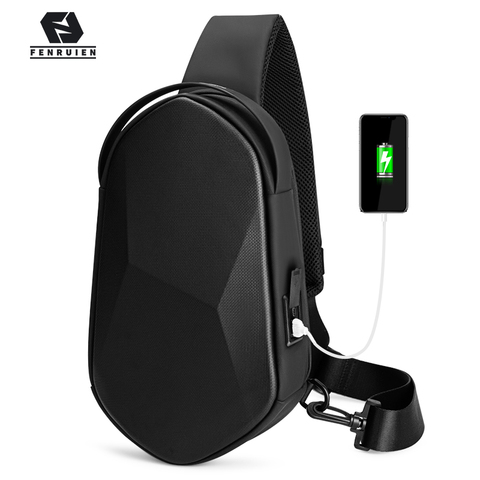 Fenruien-Bolso de pecho con carcasa dura para hombre, bandolera resistente al agua con carga USB para exteriores ► Foto 1/6