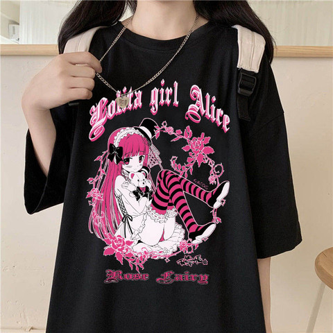 Camisetas de estética Harajuku para Mujer, camiseta Kawaii gótica con estampado para chica, Pop Coreano negra para ropa de calle, camisetas informales Chic para Mujer ► Foto 1/6