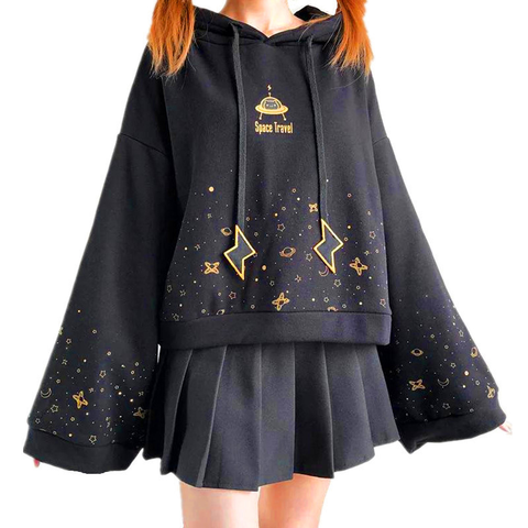 Sudadera corta con capucha Kawaii para mujer, de manga larga acampanada, con estampado de cielo estrellado, bordado de rayos, con cordón, para otoño ► Foto 1/6