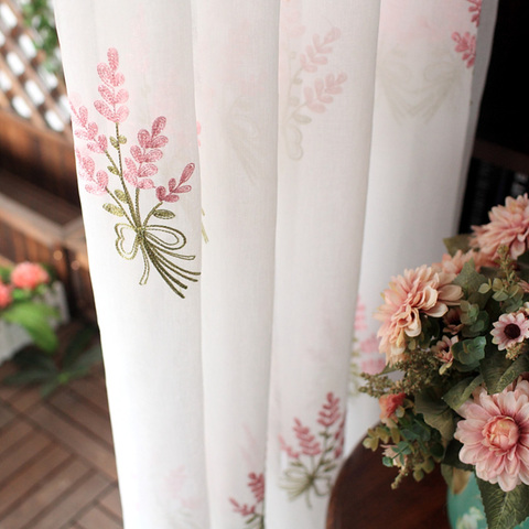 Cortinas para ventana de tul con flores rosas, para sala de estar, Pastoral, cortina con gasa transparente, bordada, para dormitorio ► Foto 1/6