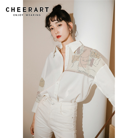 CHEERART Patchwork Blusa de manga larga de las mujeres 2022 Botón de Otoño de cuello camisa blanca Tops y Bloues estética ropa ► Foto 1/5