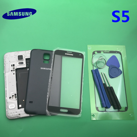 Carcasa completa con marco medio + cubierta trasera de sello de goma + piezas de repuesto de lente de cristal para Samsung Galaxy S5 SV G900 I9600 G900F ► Foto 1/6