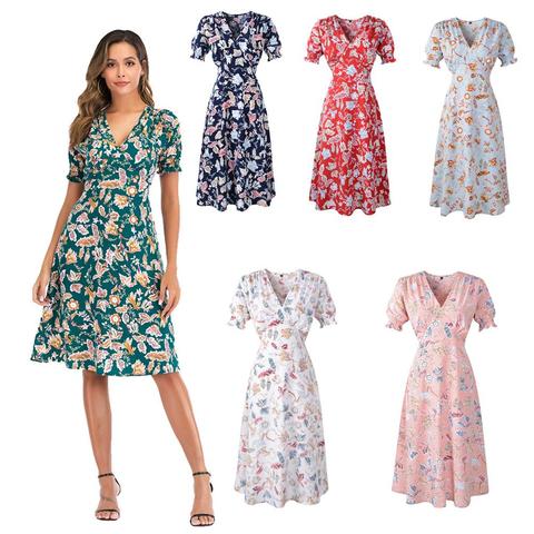 2022 Casual cintura elástica Boho playa Vestido de las mujeres Vestido de verano Vestido de talla grande con estampado Floral Vintage gasa Vestido Midi Vestido de Festa ► Foto 1/6