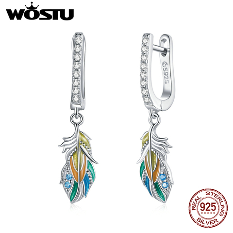 WOSTU-pendientes colgantes de plata de ley 925 para mujer, pendientes largos con diseño de hebillas de oreja, con pluma de color, CTE485 ► Foto 1/6