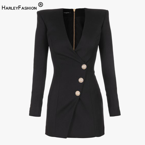 HarleyFashion-Vestido corto ajustado de manga larga para mujer, vestido negro ajustado con botones, escote en V ► Foto 1/5