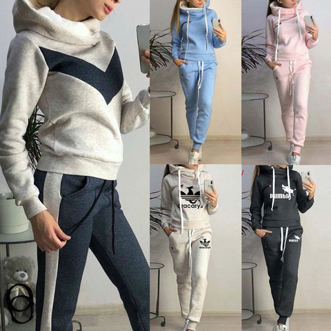 Conjunto de 2 piezas de chándal para mujer, ropa deportiva con capucha de lana, Jersey, sudaderas, pantalones holgados, jogging, trajes cálidos ► Foto 1/6