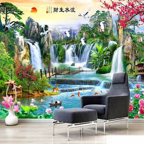 Papel tapiz con foto personalizada, murales De paisaje natural De cascada 3D De estilo chino, para Sala De estar, TV, sofá, estudio, Papel De pared ► Foto 1/6