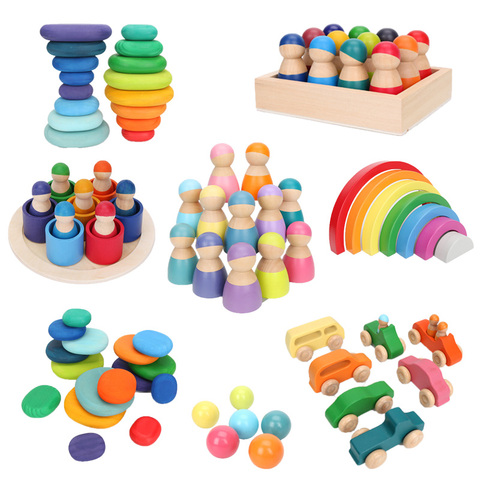Bloques de construcción de arcoíris de madera para niños, juguetes de apilamiento de arcoíris, bolas, juguete educativo Montessori ► Foto 1/6