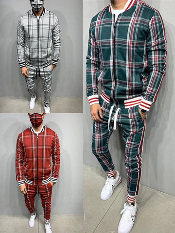 Conjunto de chándal deportivo para hombre, chaqueta con cremallera, traje de manga larga a rayas y pantalones, ropa deportiva informal para gimnasios ► Foto 1/6