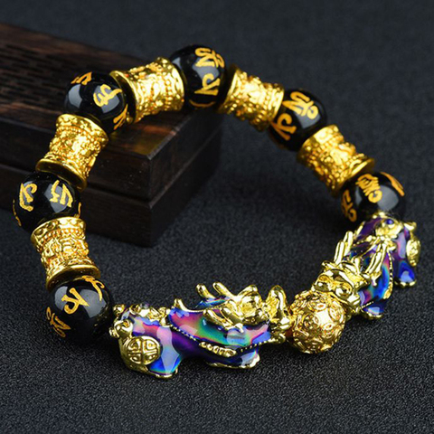 Pulsera de cuentas de obsidiana para hombres y mujeres, brazalete de cuentas de obsidiana China FengShui, Color cambiante, riqueza, buena suerte, Unisex ► Foto 1/6