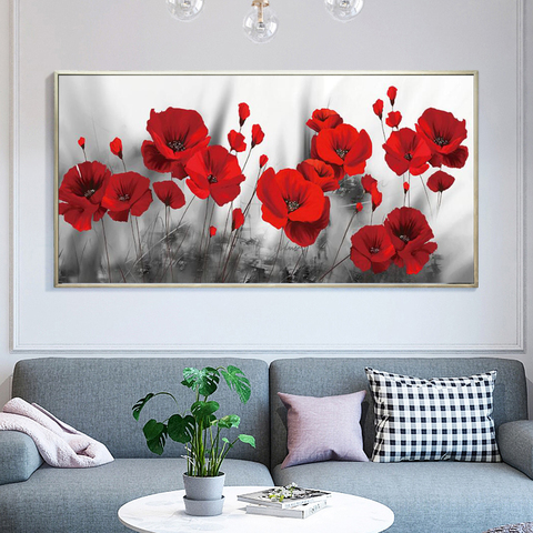 Póster de flores modernas para sala de estar, cuadro sobre lienzo para pared, Amapola roja, decoración del hogar, sin marco ► Foto 1/6