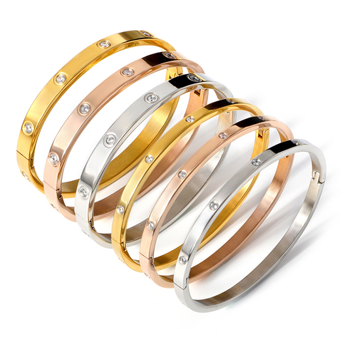 Brazalete de cristal de acero inoxidable para mujer, brazaletes abiertos de Color oro rosa, joyería clásica ► Foto 1/6