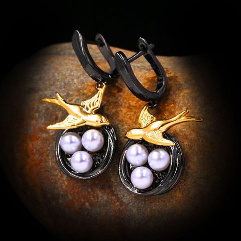 Pendientes creativos de perlas de pájaro para mujer, aretes de Magpie de dos tonos de plata 925, joyería de gama alta, joyería de oro negro ► Foto 1/4