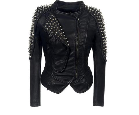 Chaqueta de cuero con tachuelas y estrellas para mujer, abrigo metálico delgado de doble metal con remaches plateados, piel sintética Punk para motorista ► Foto 1/6