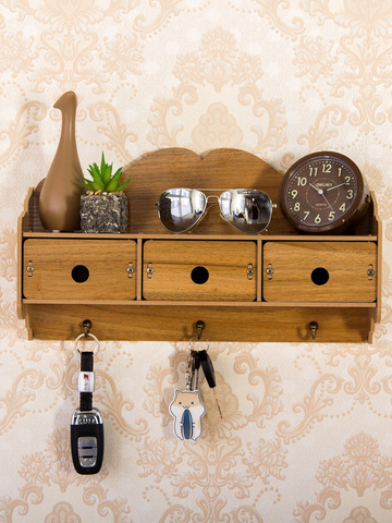 Caja de almacenamiento de llaves para vestíbulo, estante colgante de pared de madera con diseño de cajón para decoración de dormitorio, sala de estar y cocina, ZL466 ► Foto 1/5